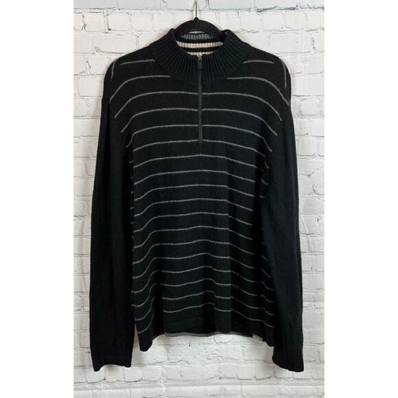 EDDIE BAUER mens black gray striped wool blend zip mock neck sweater pullover L - Picture 1 of 6